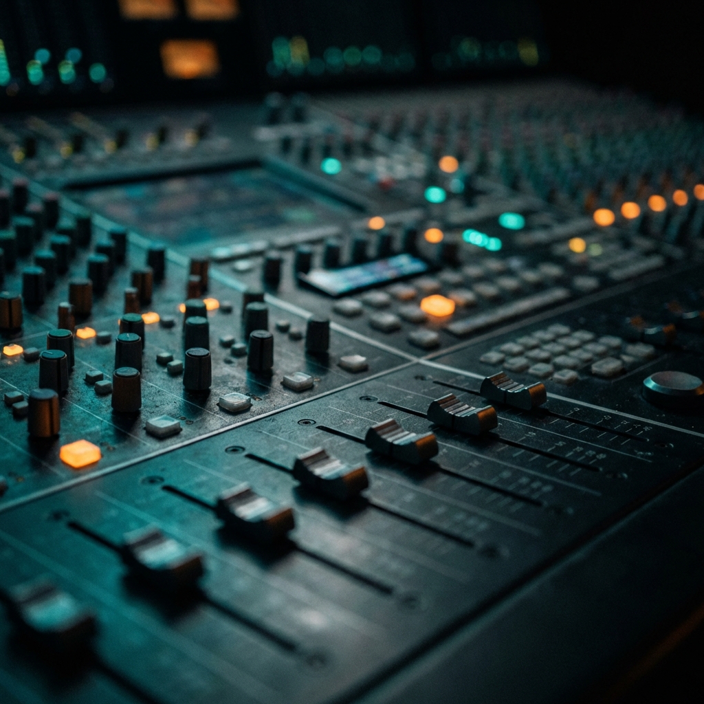 Close-up of mixing console faders